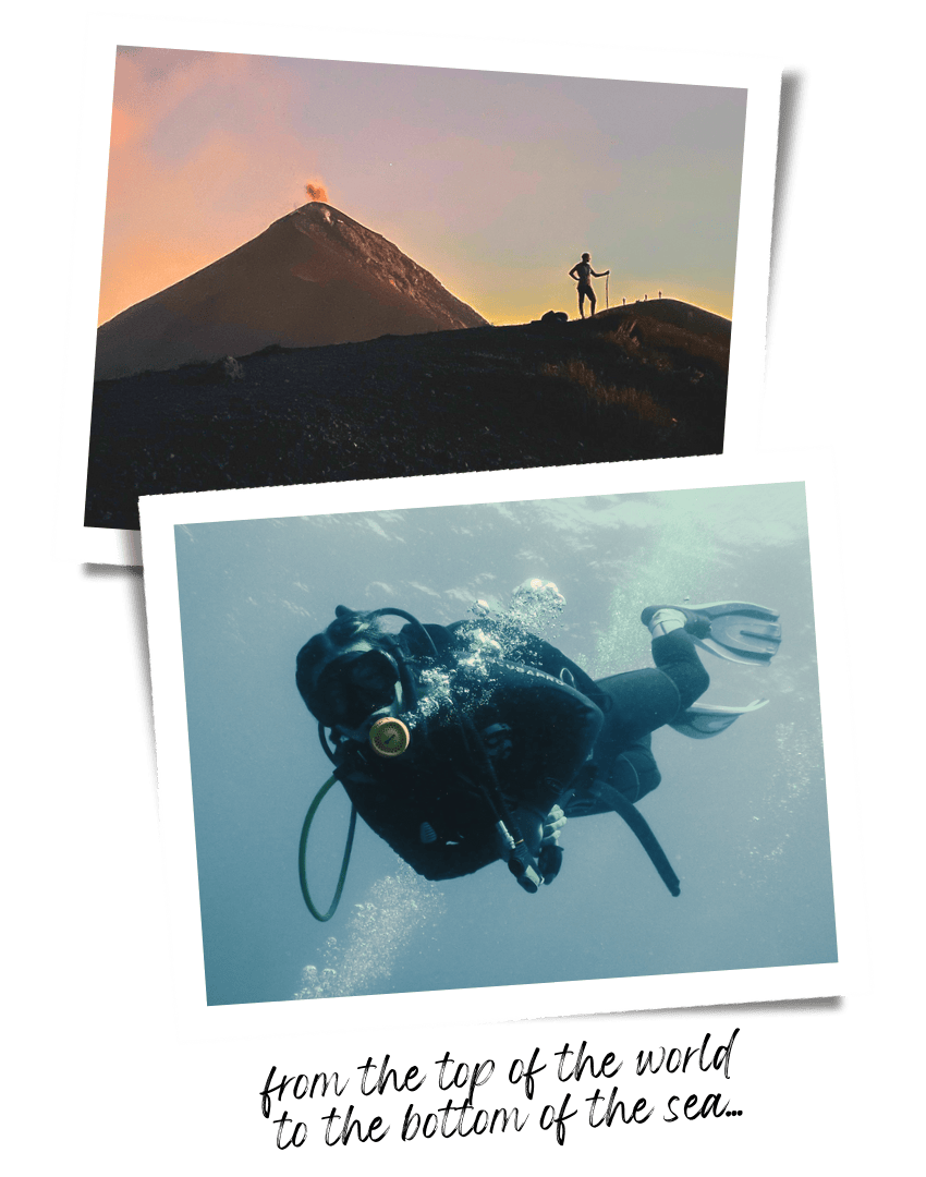 two photos - one of kaila hiking a volcano, another of kaila scuba diving, with the caption 'from the top of the world to the bottom of the sea'