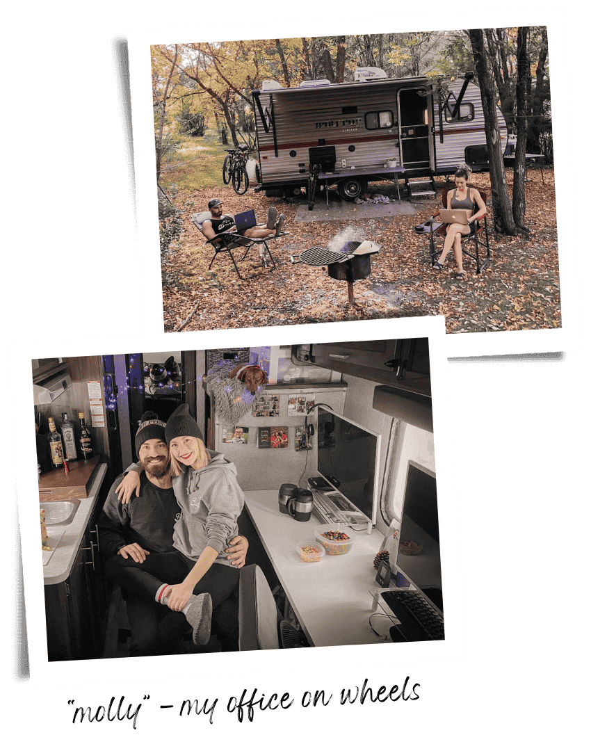 two photos - one of kaila and her husband working outside of their travel trailer, another of them sitting inside in front of their monitors at Christmas, with the caption 'molly - my office on wheels'